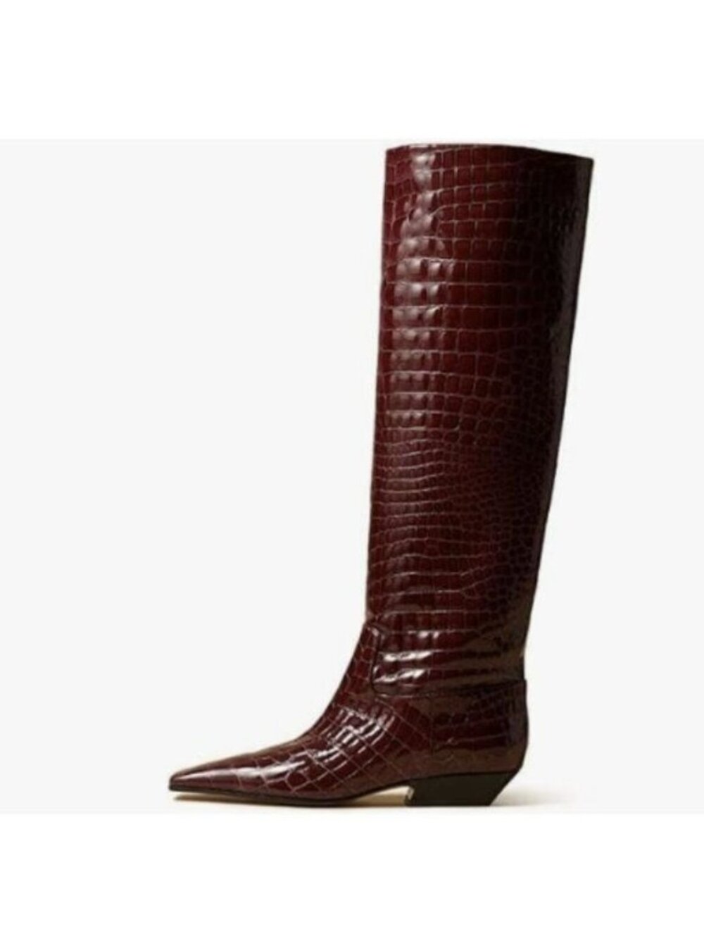 miss left Women Closed Square Toe Knee High Boot Wide Calf Low Chunky Heels Red